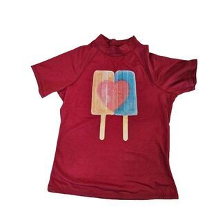 Lands' End Girls Rash Guard Size M 10-12 Pink Ice Pop Heart Swim Shirt UPF 50+